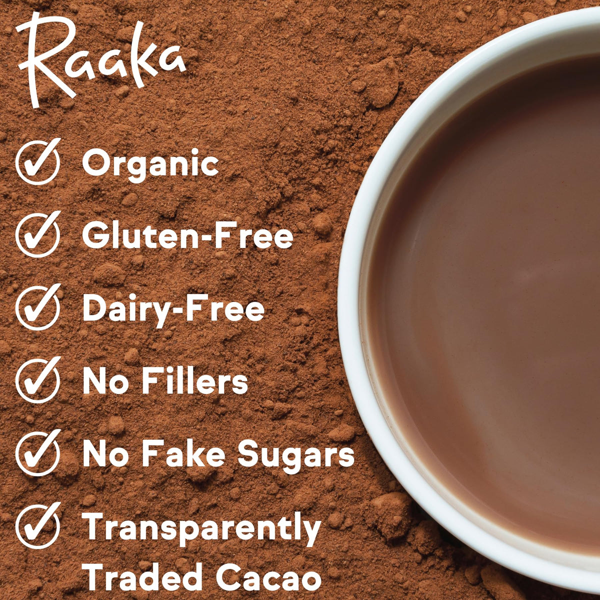 Raaka Double Dark Hot Chocolate Mix open bag highlighting organic coconut sugar for subtle caramel notes