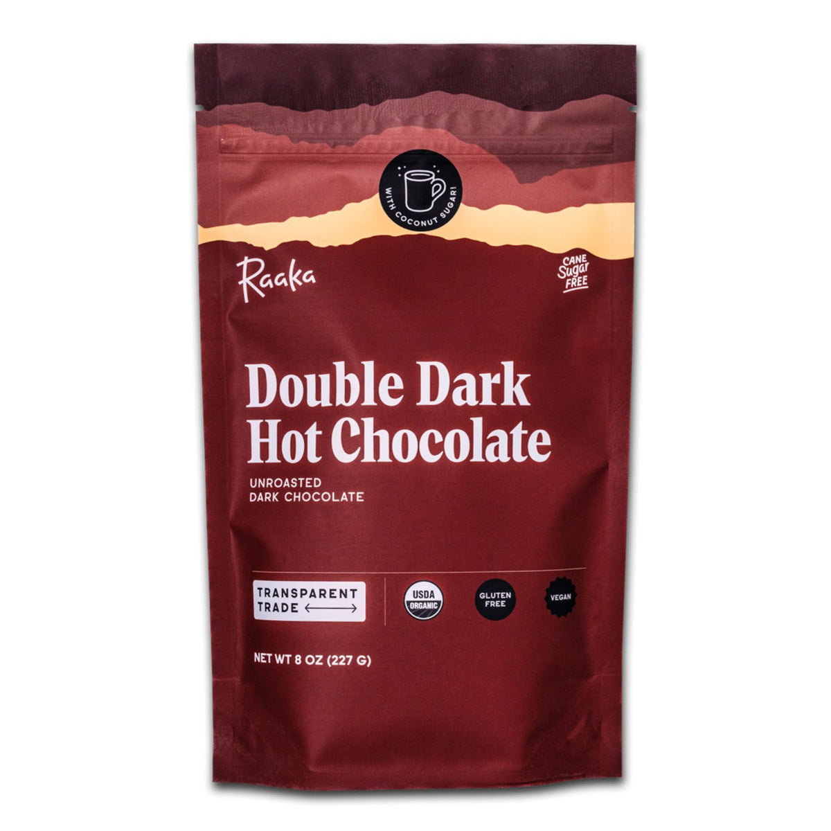 Raaka Double Dark Hot Chocolate Mix packshot showing premium vegan cacao for a rich, dairy-free cup