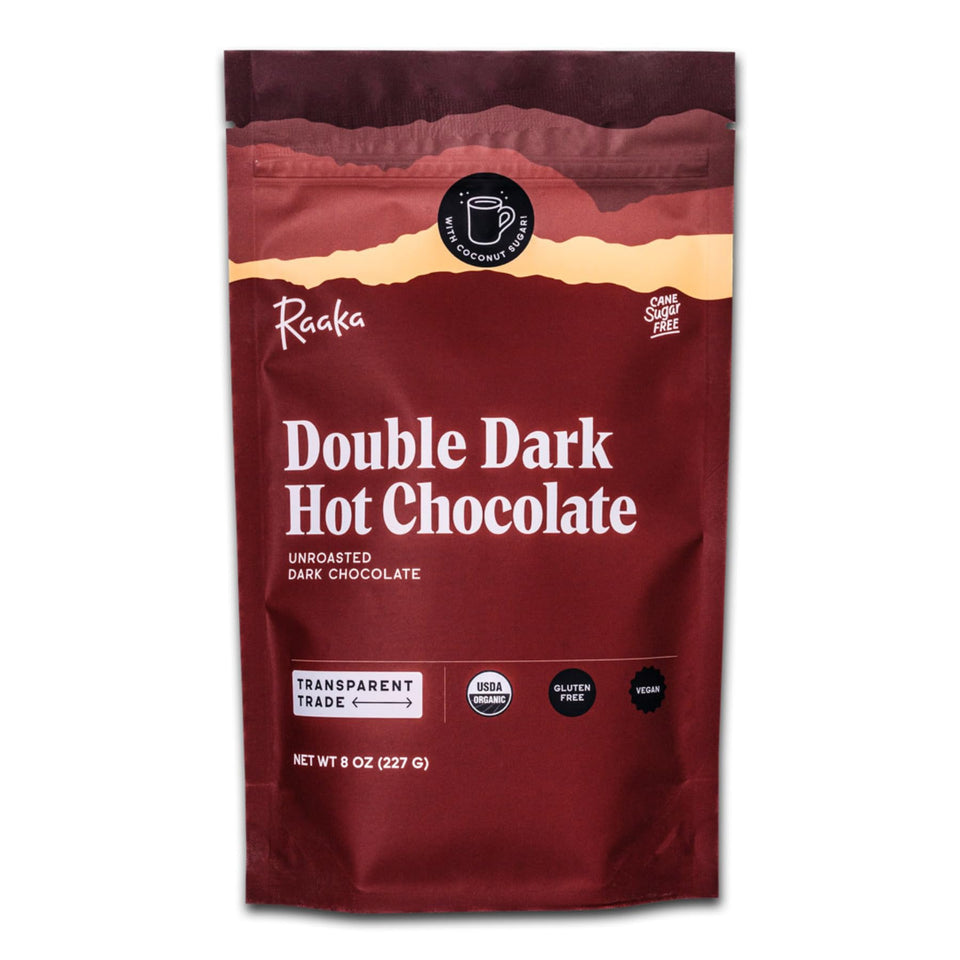 Raaka Double Dark Hot Chocolate Mix packshot showing premium vegan cacao for a rich, dairy-free cup