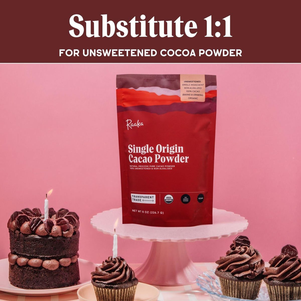 Raaka Organic Cacao Powder label with organic certification and single-origin claim.