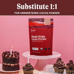 Raaka Organic Cacao Powder label with organic certification and single-origin claim.