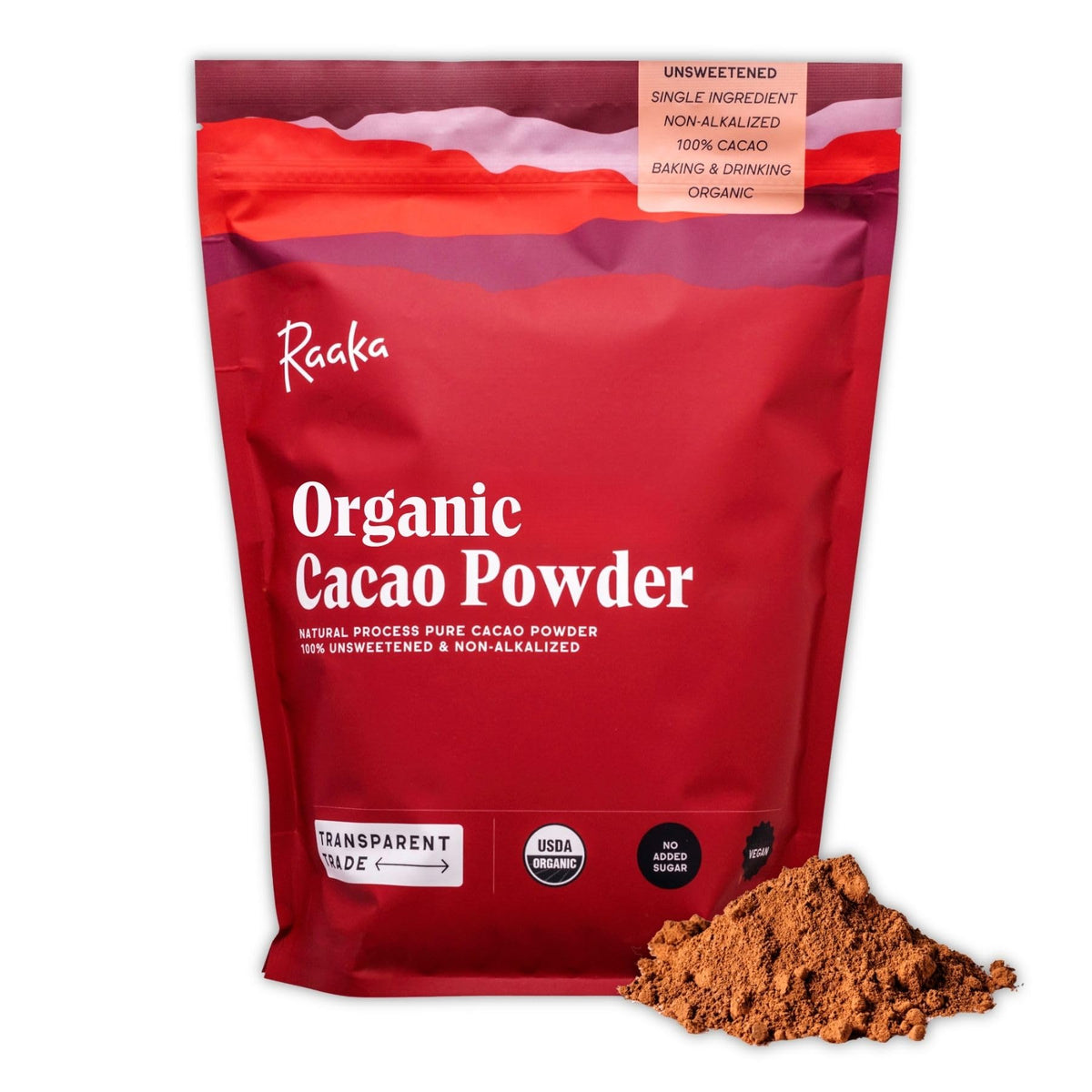 Raaka Organic Cacao Powder bag front, unsweetened and ready for baking.