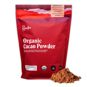 Raaka Organic Cacao Powder bag front, unsweetened and ready for baking.