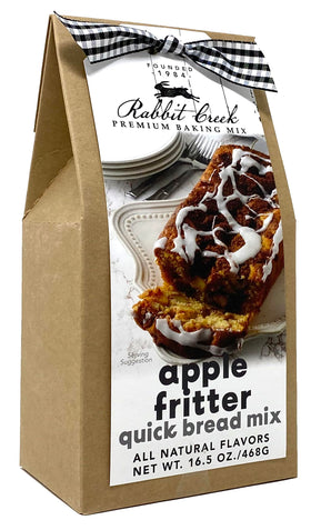 Rabbit Creek Apple Fritter Bread Mix package front, quick bake for busy mornings.