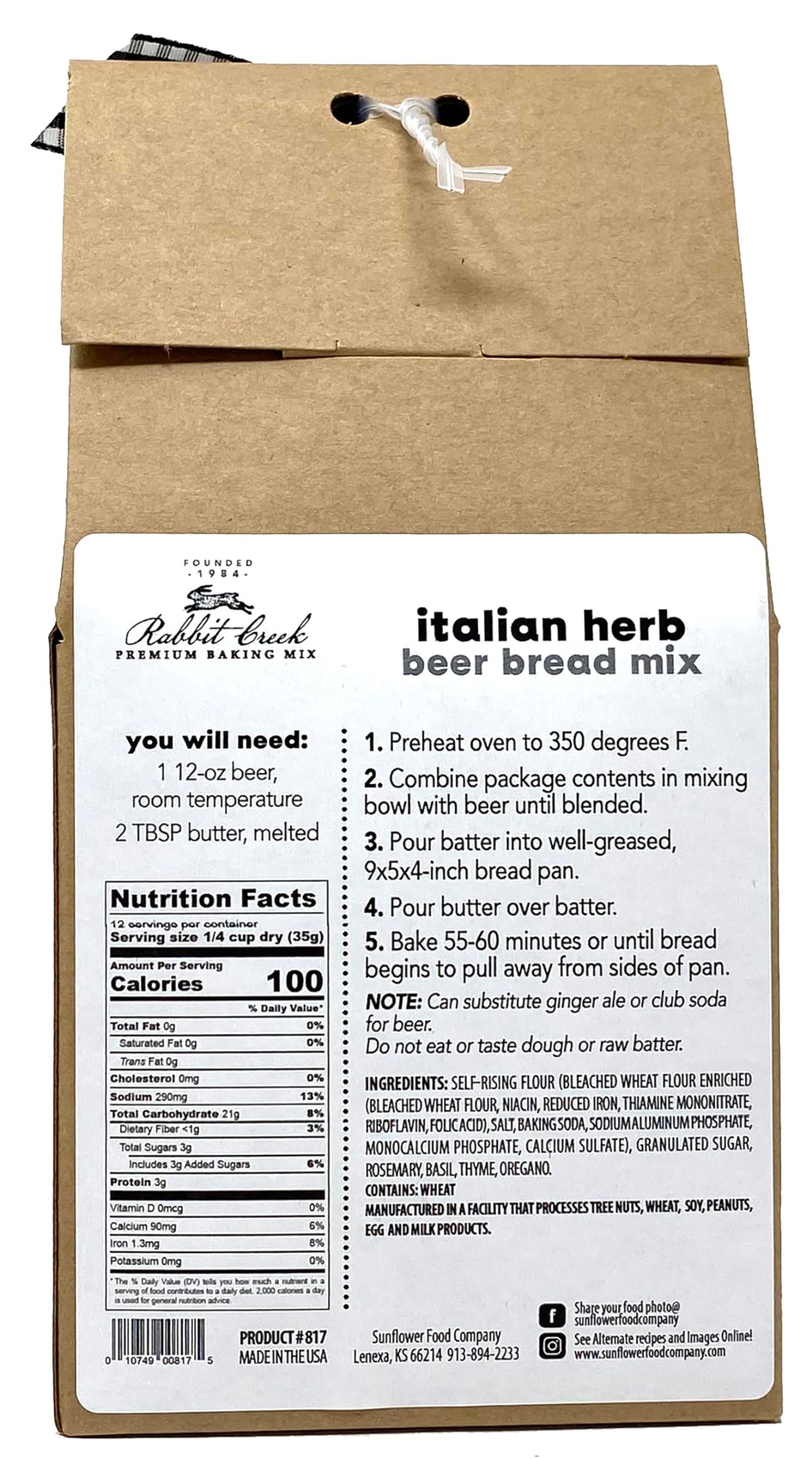 Rabbit Creek beer bread mix with scoop, simple measuring for quick baking prep.