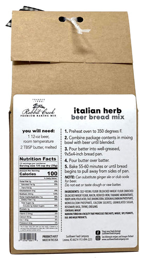 Rabbit Creek beer bread mix with scoop, simple measuring for quick baking prep.