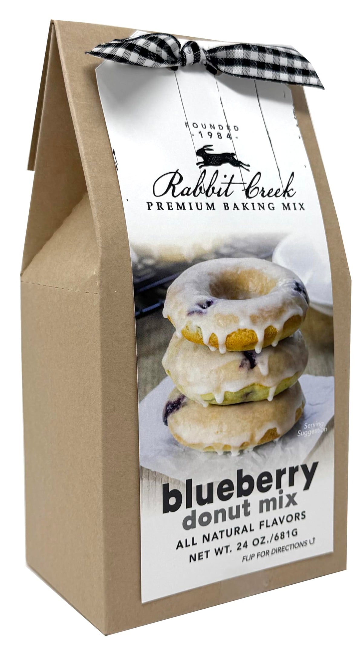 Rabbit Creek Blueberry Donuts Mix packaging with glaze included for easy home baking