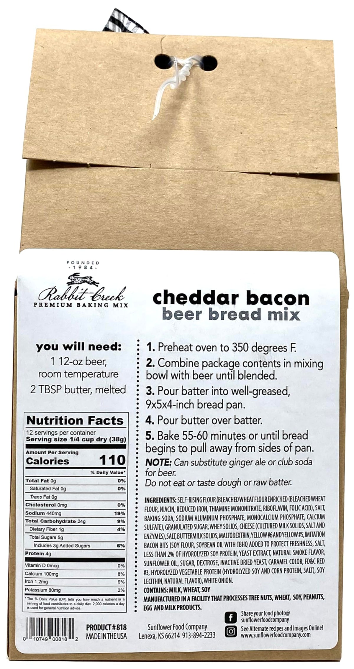 Rabbit Creek Cheddar Bacon beer bread mix offers savory cheddar with bacon bits