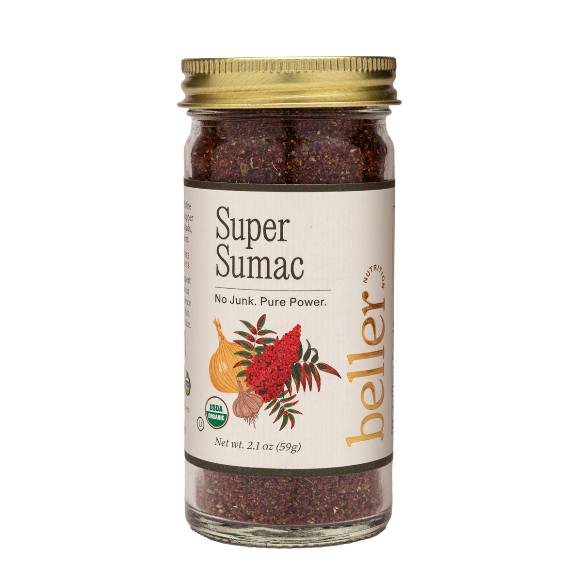 Rachel Beller's Power Pantry Super Sumac bottle displays organic spice blend for bright, salt-free flavor.