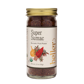 Rachel Beller's Power Pantry Super Sumac bottle displays organic spice blend for bright, salt-free flavor.
