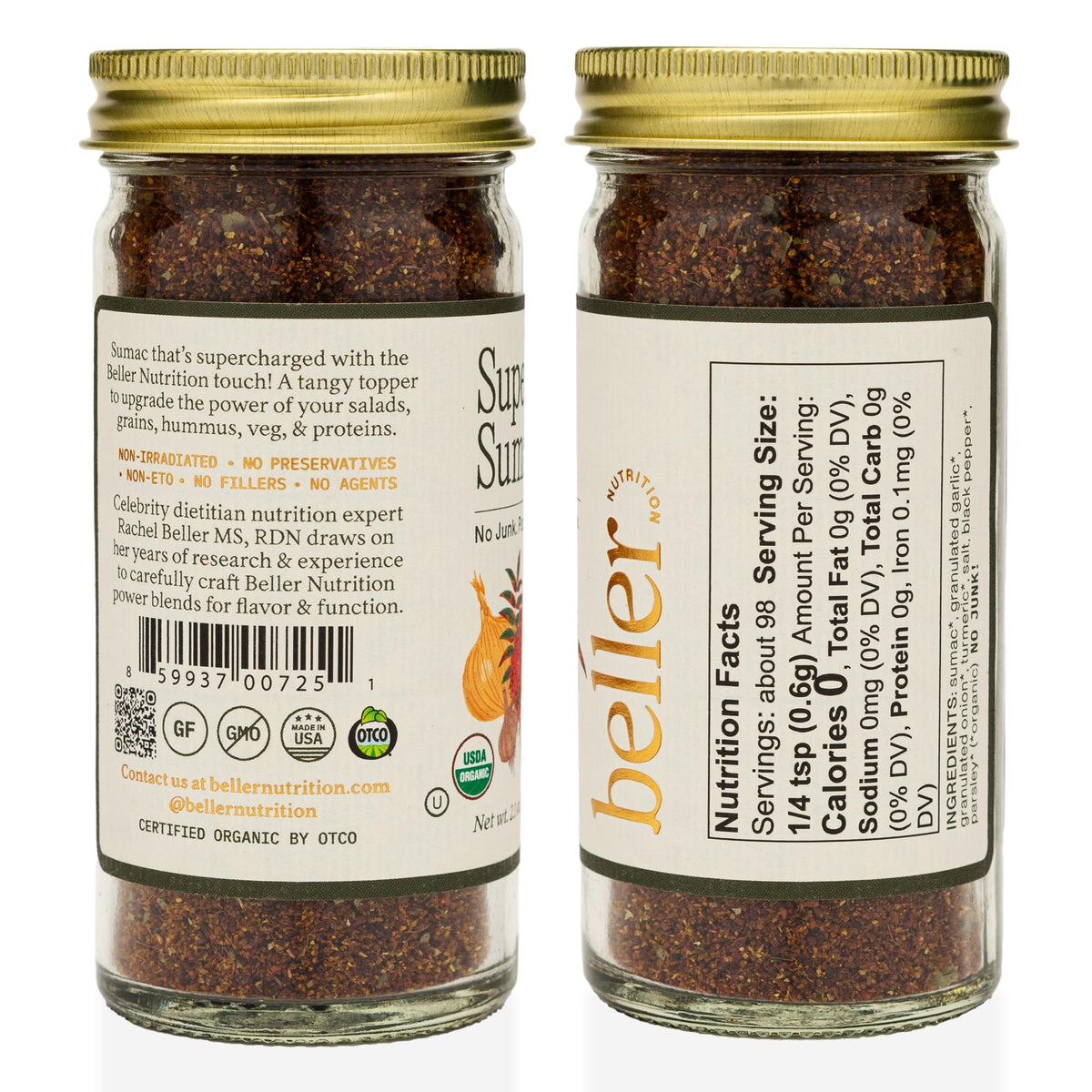 Organic spice blend packaging highlights clean ingredients and versatile on-the-go flavor for meals.