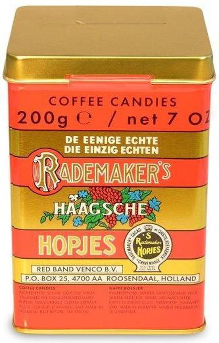 Rademaker Haagsche Koffie Hopjes tin front view, perfect for gifting and sharing during coffee breaks.