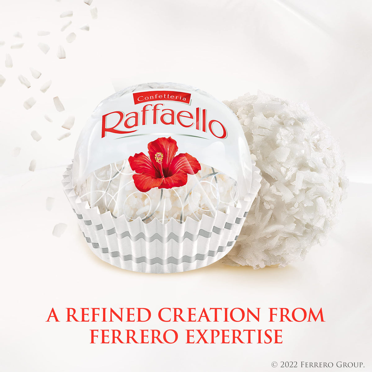 Raffaello coconut-almond pralines with creamy center and coconut flakes for a delicate bite