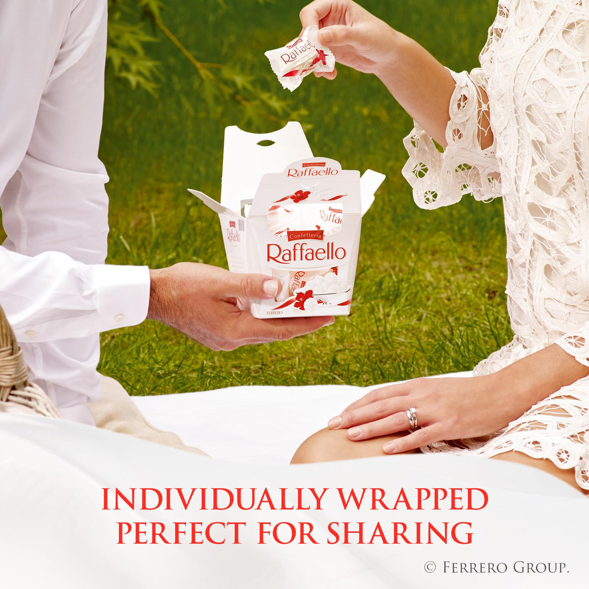 Raffaello fragrant coconut flakes emphasize tropical aroma on the candy
