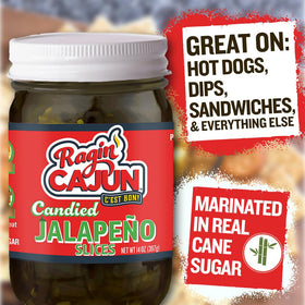 Ragin' Cajun Candied Jalapeno Slices jar back reveals all-natural ingredients and Louisiana craftsmanship.