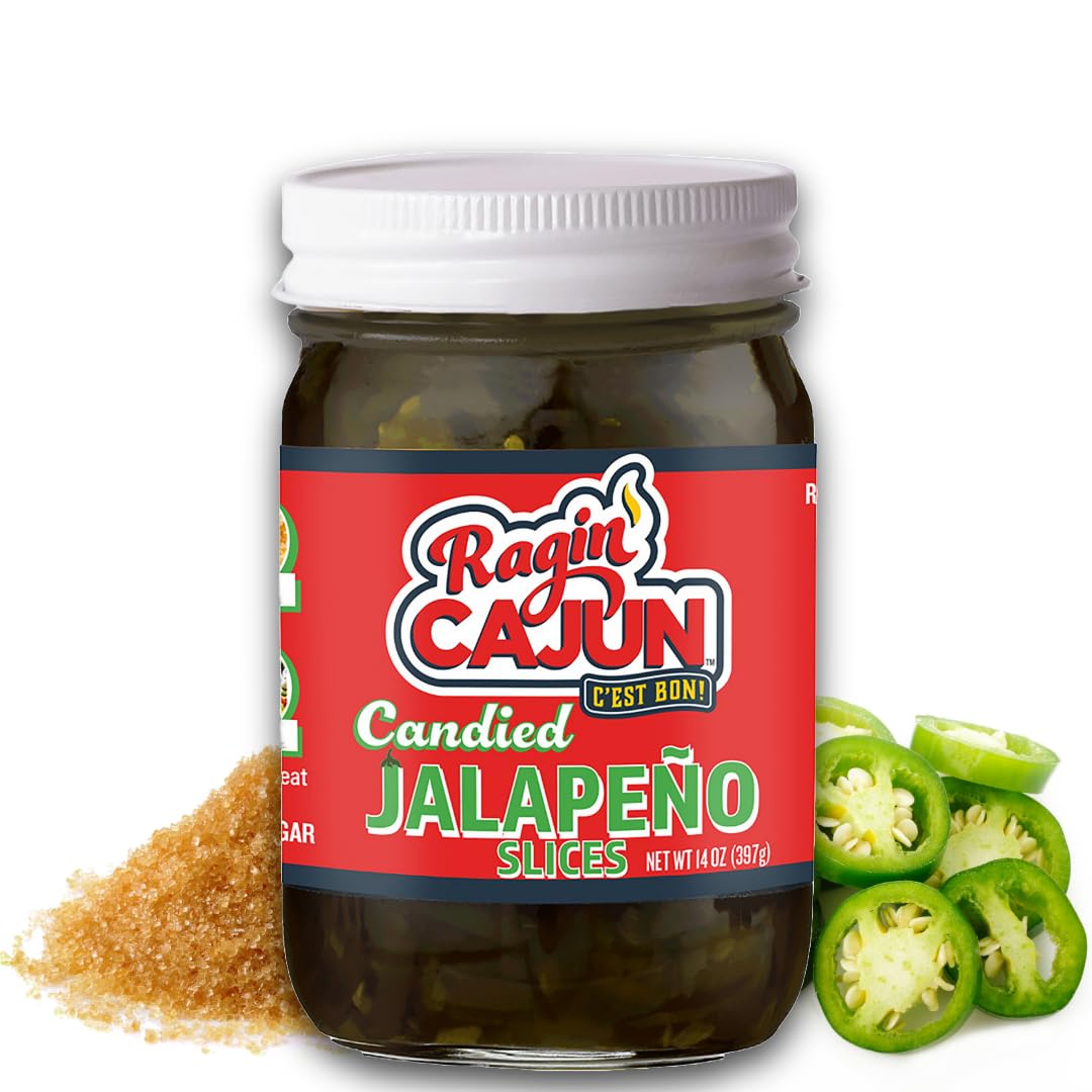 Ragin' Cajun Candied Jalapeno Slices jar front for pantry-ready flavor boosts.