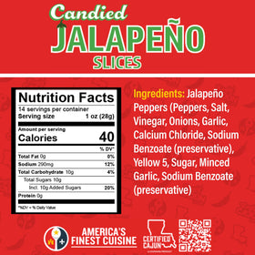 Ragin' Cajun Candied Jalapeno Slices jar side highlighting convenient 14 oz container.