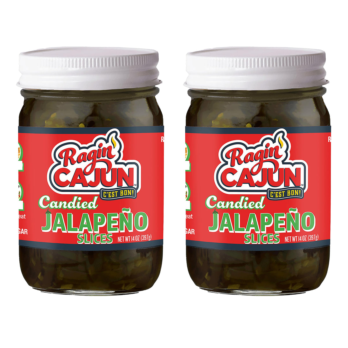 Ragin' Cajun Fixins candied jalapeño slices in a 12 oz jar, sweet heat for snacks.