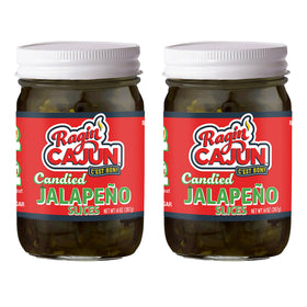 Ragin' Cajun Fixins candied jalapeño slices in a 12 oz jar, sweet heat for snacks.