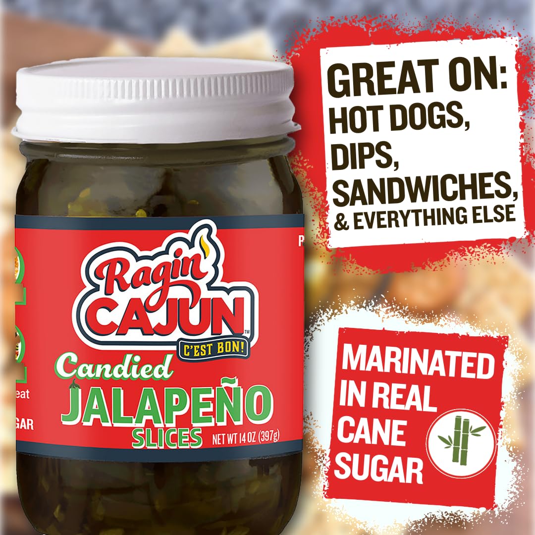 Ragin' Cajun Fixins candied jalapeño slices with salad; versatile garnish and snack.