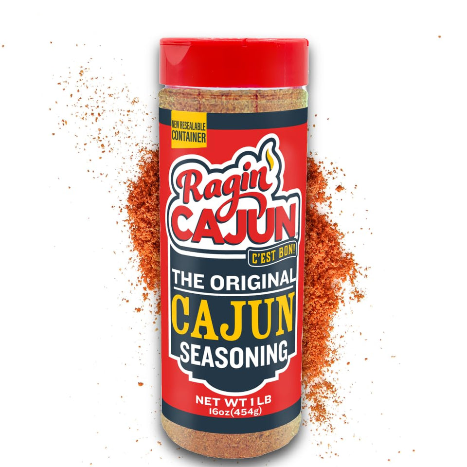 Ragin' Cajun Original Seasoning jar pouring for bold grilling flavor.