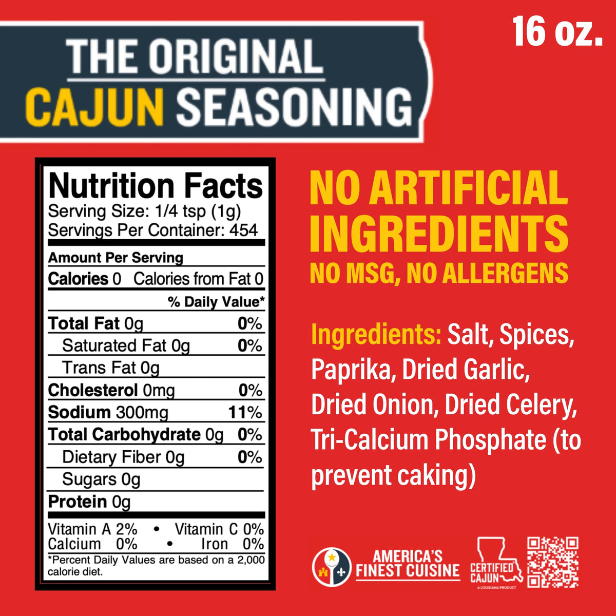 Ragin' Cajun Original Seasoning label close-up highlighting no MSG and reduced sodium.