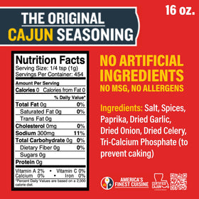 Ragin' Cajun Original Seasoning label close-up highlighting no MSG and reduced sodium.