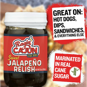Ragin' Cajun Sweet Jalapeno Relish hot dog topping delivering balanced heat.