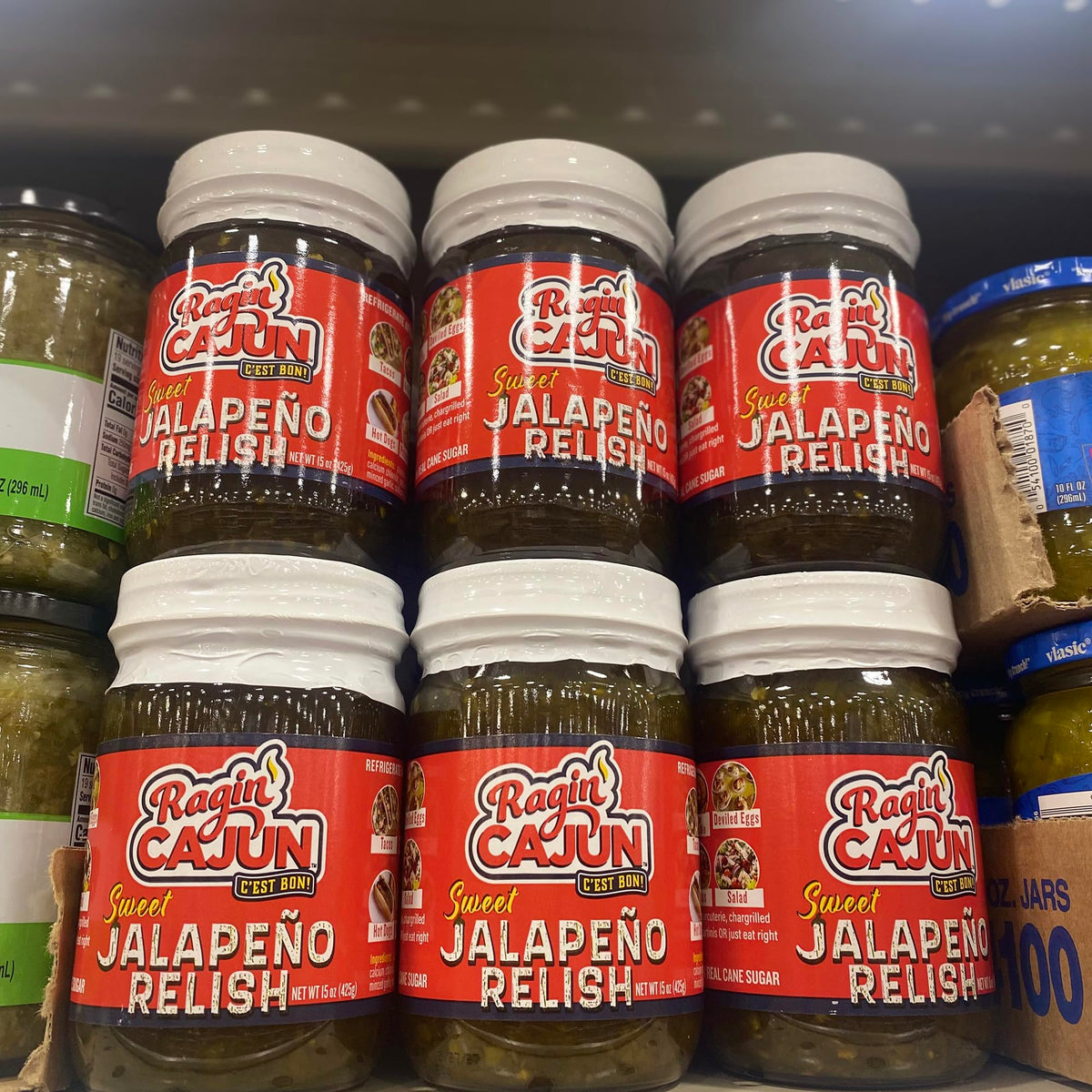 Sliced sandwich with a bright, zesty relish topping