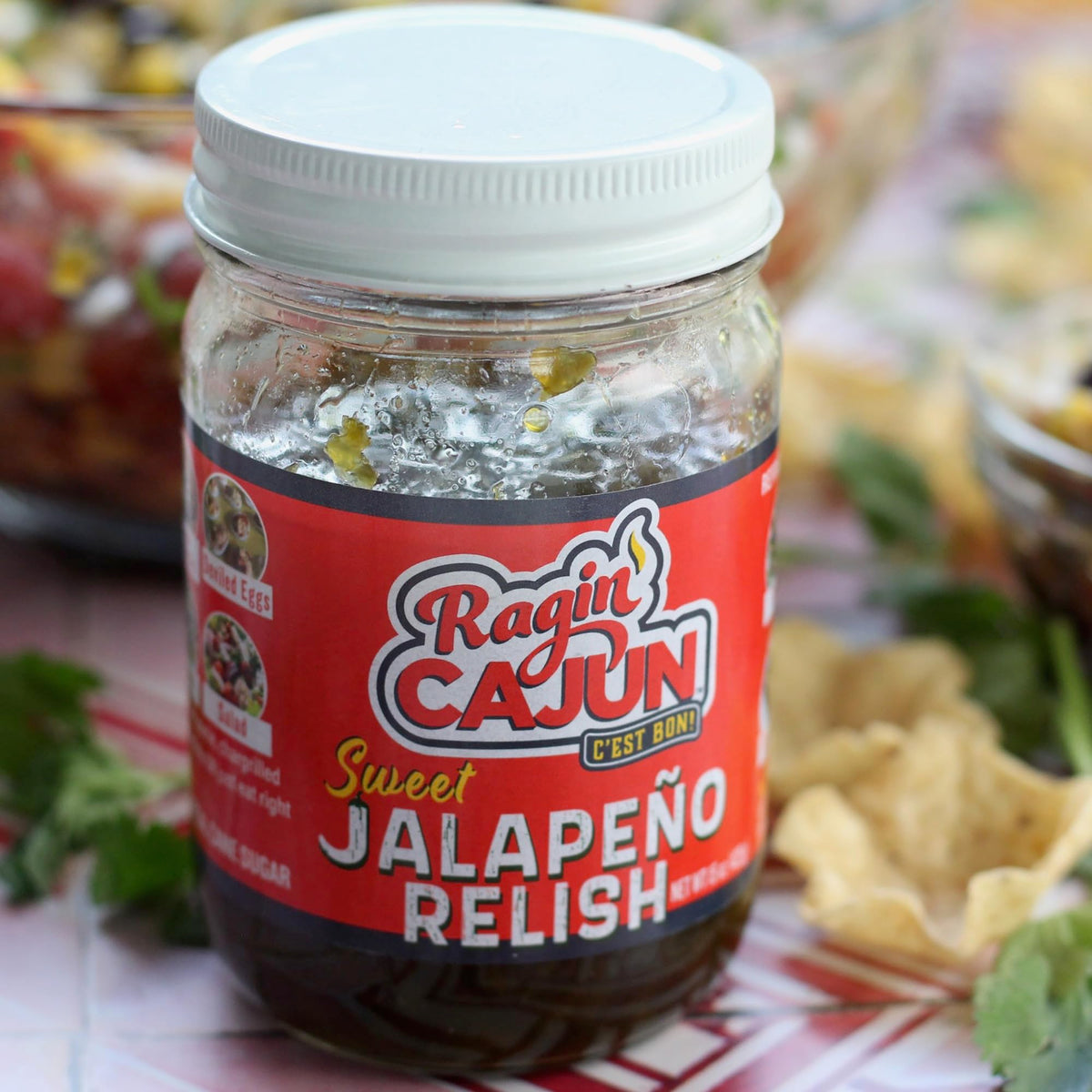 Ragin' Cajun Sweet Jalapeno Relish serving suggestions for deviled eggs and dips.
