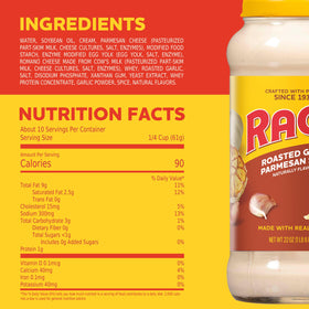 RAGÚ Roasted Garlic Parmesan sauce with a spoonful over a creamy dish.