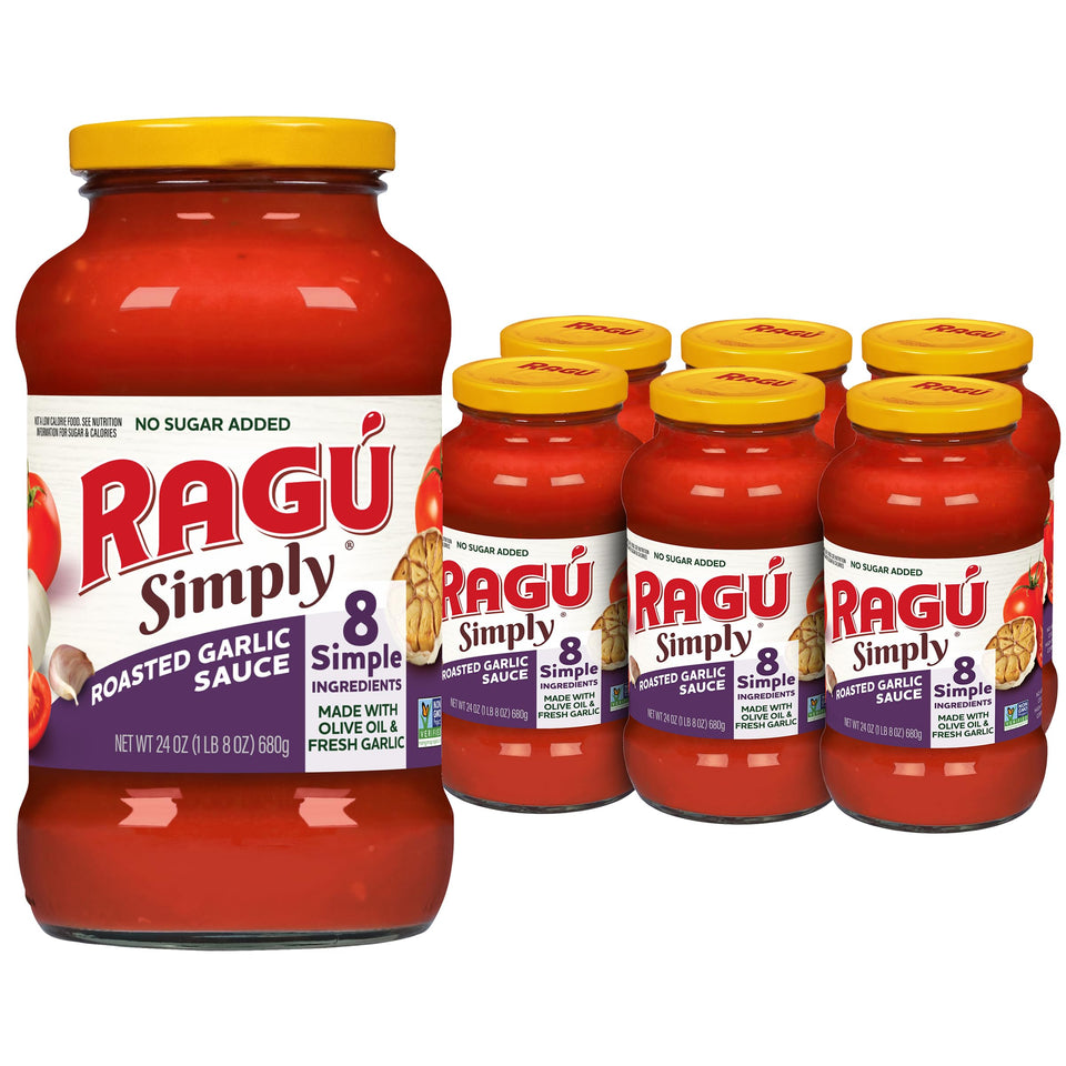 RAGÚ Simply Roasted Garlic sauce jar front showing simple ingredients for weeknight meals