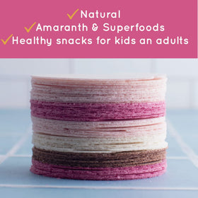 Raíces del Huerto Amaranth Wafers traditional bag open, ready to share on the go.