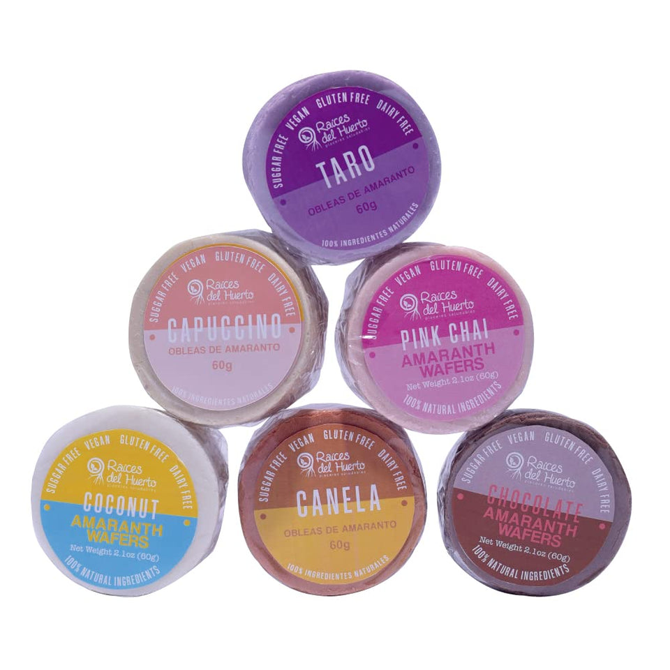 Raíces del Huerto Amaranth Wafers traditional pack front view, gluten-free and low-calorie snack.