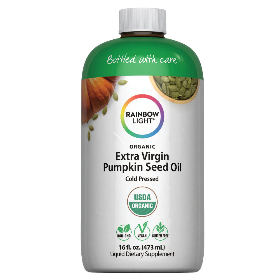 Rainbow Light Organic Pumpkin Seed Oil bottle pour, convenient omega-6 and omega-9 source.