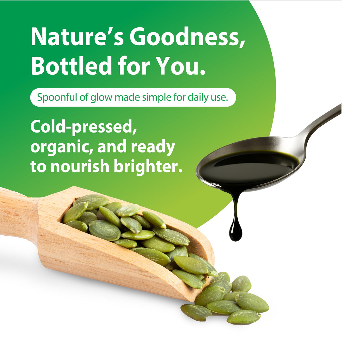 Rainbow Light Organic Pumpkin Seed Oil measuring spoon, easy daily dosage for meals.