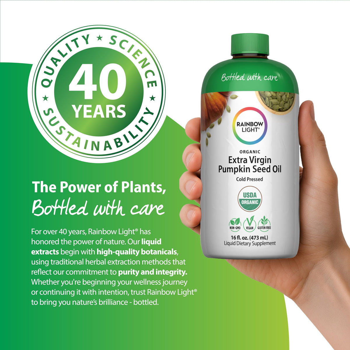 Rainbow Light Organic Pumpkin Seed Oil drizzle over salad, versatile culinary use.