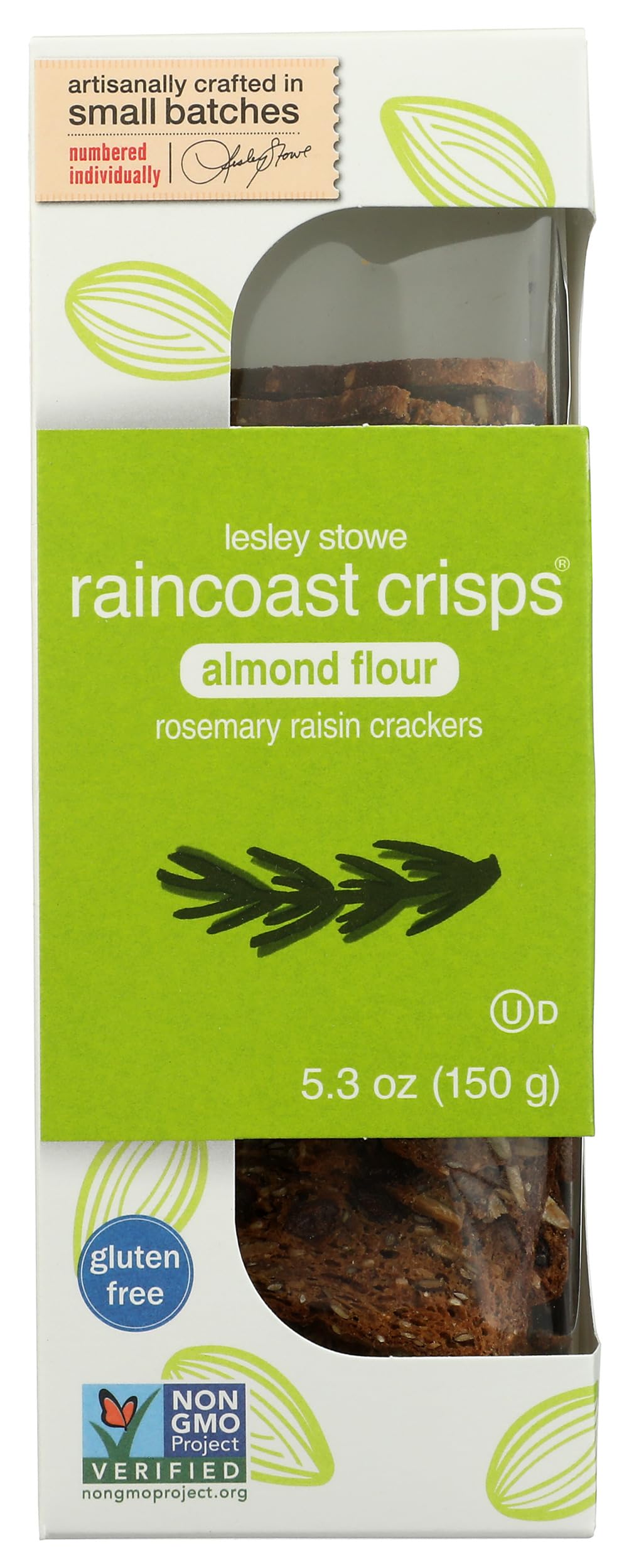 Raincoast Crisps Rosemary Raisin Almond Crisp on a serving board showing natural ingredients
