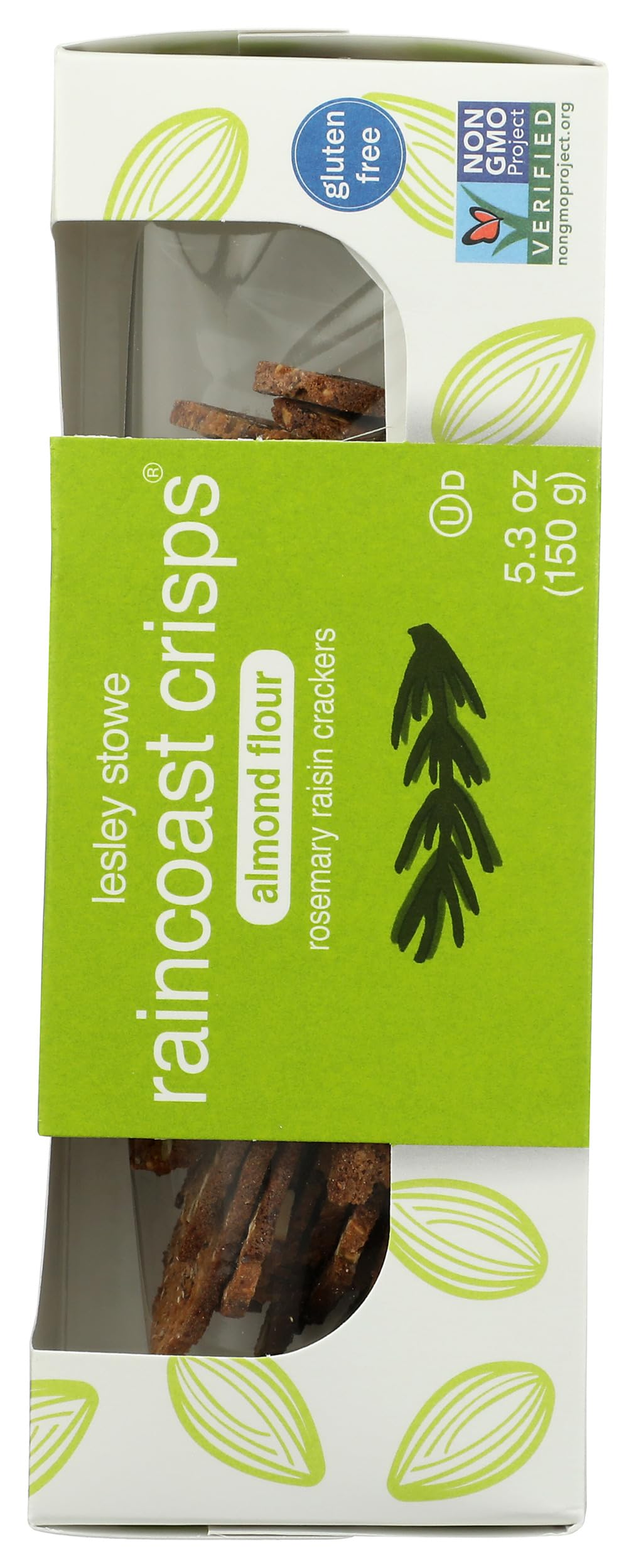 Raincoast Crisps Rosemary Raisin Almond Crisp packaging details with almonds and raisins