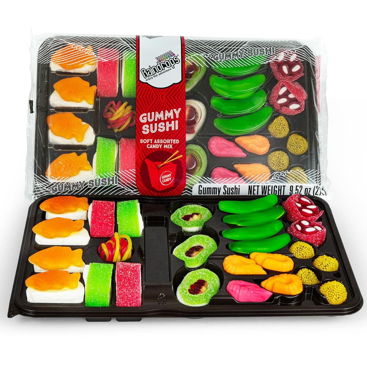 Raindrops Gummy Sushi Bento Box front view with colorful, bite-sized treats for parties.