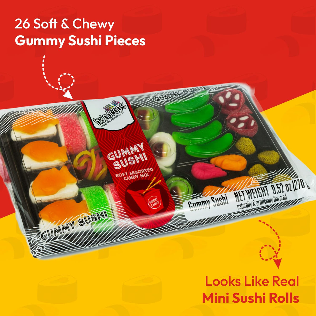 Raindrops Gummy Sushi candy pieces with chewy texture ideal for sharing with friends.