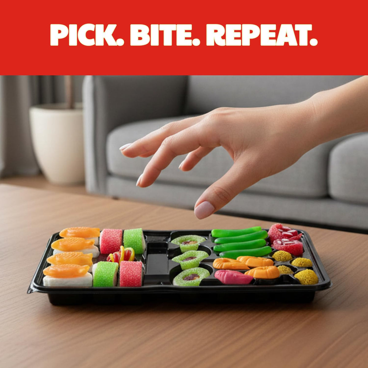 Raindrops gummy sushi packaging shown as a fun gift option for celebrations.