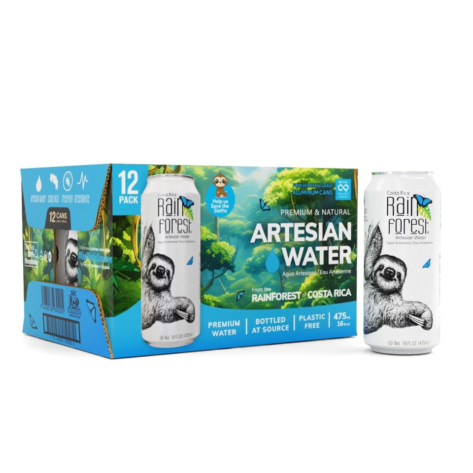 Rainforest Artesian Still Water can in a sleek 12-pack case for on-the-go hydration.