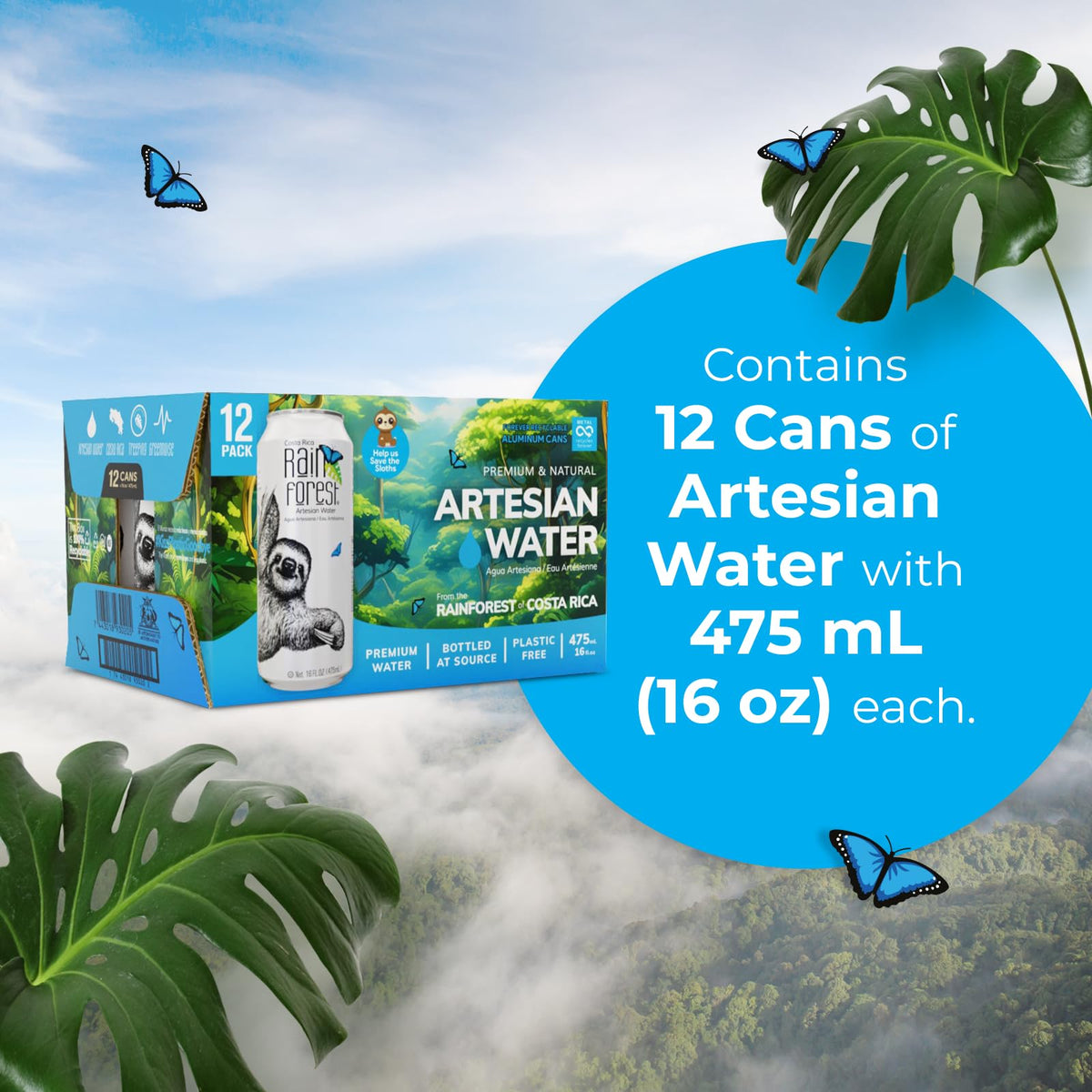 Rainforest Artesian Still Water can highlights eco-friendly packaging supporting recyclable metal.