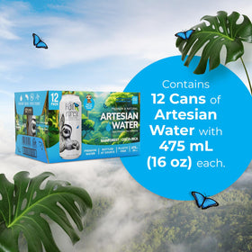 Rainforest Artesian Still Water can highlights eco-friendly packaging supporting recyclable metal.