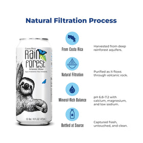 Rainforest Artesian Still Water can packaging beside a recycling symbol.