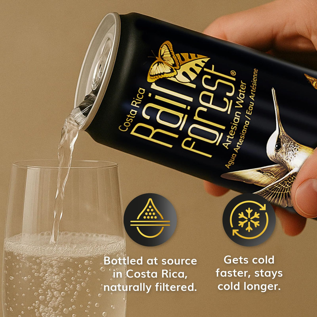 Recyclable aluminum Rainforest cans reduce plastic waste.