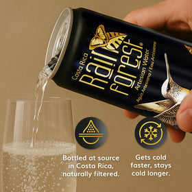 Recyclable aluminum Rainforest cans reduce plastic waste.