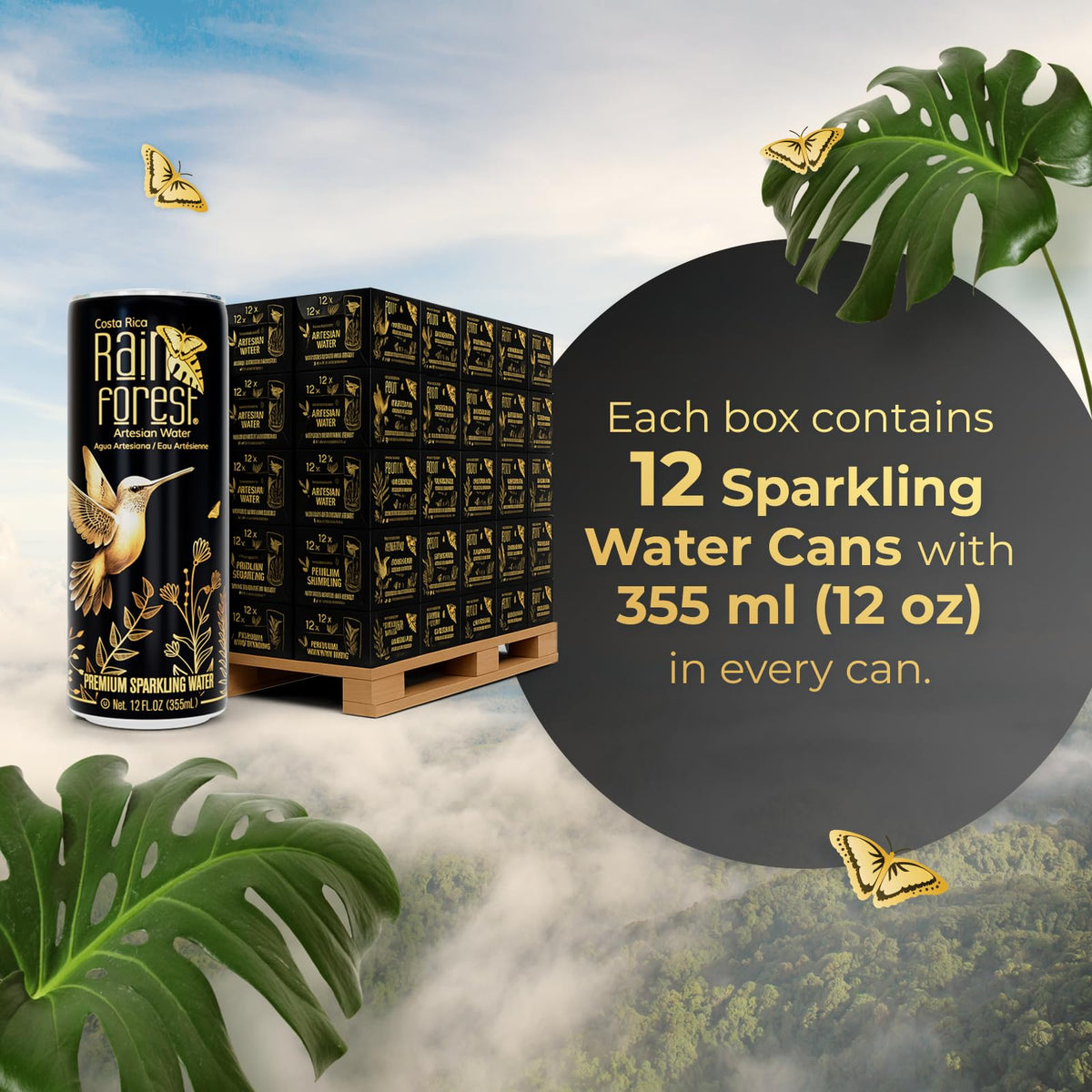 Close-up of Rainforest Sparkling Water can with crisp fizz.