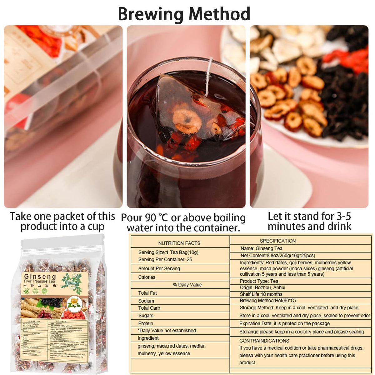 Raipult Ginseng Six Treasure Tea brewed cup reveals a deep amber infusion.